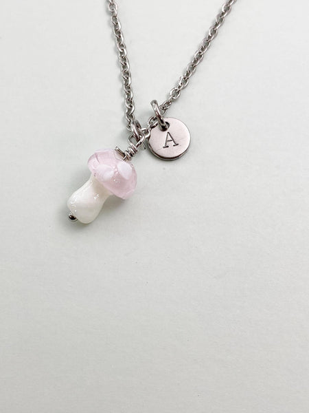 Silver Mushroom Charm Necklace, Handmade Lampwork Pink Mushroom, N5841