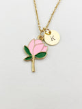Gold Peach Blossom Charm Necklace, Pink Flower Jewelry Gift, N5857