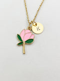 Gold Peach Blossom Charm Necklace, Pink Flower Jewelry Gift, N5857