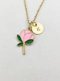 Gold Peach Blossom Charm Necklace, Pink Flower Jewelry Gift, N5857