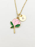 Gold Peach Blossom Charm Necklace, Pink Flower Jewelry Gift, N5857