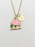 Gold Peach Blossom Flower Charm Necklace, Pink Flower Jewelry Gift, N5858