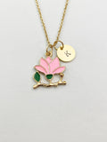 Gold Peach Blossom Flower Charm Necklace, Pink Flower Jewelry Gift, N5858