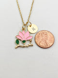 Gold Peach Blossom Flower Charm Necklace, Pink Flower Jewelry Gift, N5858