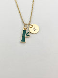 Gold Bamboo Charm Necklace, Green Bamboo Stick Tree Leaf Jewelry Gift, N5861