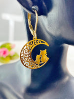 Gold Cat on the Moon Charm Earrings, N5975