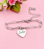 Gold or Silver Personalized Customized Name Charm Stainless Steel Paperclip Bracelet, Tarnish Resistant, D476