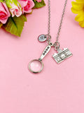 Silver Detective Necklace Magnifying Glass Camera Detector Jewelry, Personalized Customized Gifts, N4401A