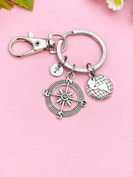 Silver Compass Globe World Charm Keychain, N1123A