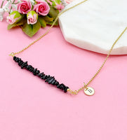Gold Black Tourmaline Necklace, Natural Black Tourmaline Gemstone Jewelry, Bracelet Option, N5875