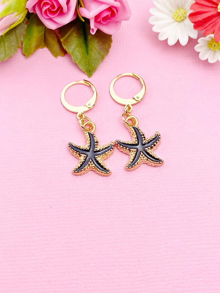 Gold Black Starfish Charm Earrings, Nautical Earrings, N3189A