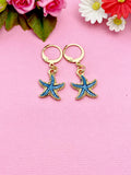 Gold Blue Starfish Charm Earrings, Nautical Earrings, N3189B