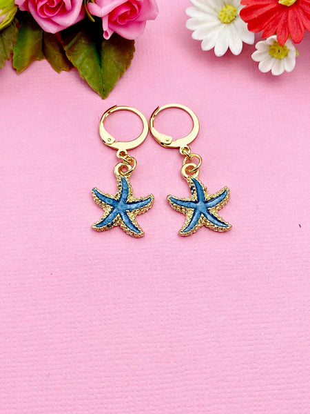 Gold Blue Starfish Charm Earrings, Nautical Earrings, N3189B