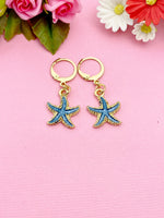 Gold Blue Starfish Charm Earrings, Nautical Earrings, N3189B
