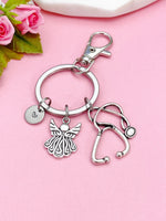 Silver Guardian Angels Stethoscope Charm Keychain, Doctor Nurse Personalized Gift, N4734