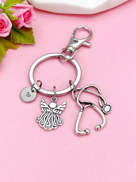 Silver Guardian Angels Stethoscope Charm Keychain, Doctor Nurse Personalized Gift, N4734