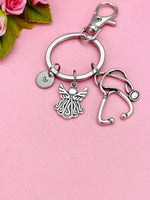 Silver Guardian Angels Stethoscope Charm Keychain, Doctor Nurse Personalized Gift, N4734