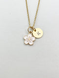 Gold Sakura Flower Charm Necklace, White Cherry Blossom, N5913