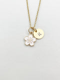 Gold Sakura Flower Charm Necklace, White Cherry Blossom, N5913