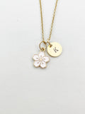 Gold Sakura Flower Charm Necklace, White Cherry Blossom, N5913