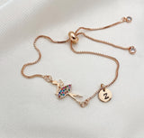 Rose Gold Ballet Bracelet, CZ Charm, Initial Bracelet