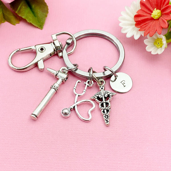 Silver Otoscope Stethoscope Caduceus Charm Keychain, Audiology Medical Device Charm, Doctor Gift, Personalized Graduation Gift, N773B