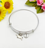 Silver Flying Pig Charm Bangle Bracelet, Initial Charm
