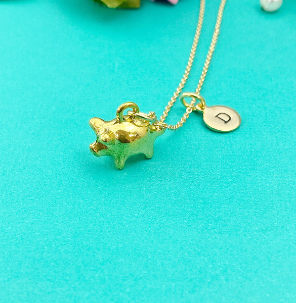 Gold Pig Charm Necklace, Piggy Bank Charm Necklace, N328