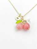 Gold Natural Quartz Necklace, Pink Fruit Green Leaf White Flower Foodie Gemstone Jewelry, N5930