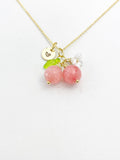 Gold Natural Quartz Necklace, Pink Fruit Green Leaf White Flower Foodie Gemstone Jewelry, N5930