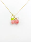 Gold Natural Quartz Necklace, Pink Fruit Green Leaf White Flower Foodie Gemstone Jewelry, N5930