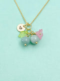 Gold Natural Jade Necklace, Green Jade Fruit Green Leaf Pink Flower Foodie Gemstone Jewelry, N5931