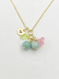 Gold Natural Jade Necklace, Green Jade Fruit Green Leaf Pink Flower Foodie Gemstone Jewelry, N5931
