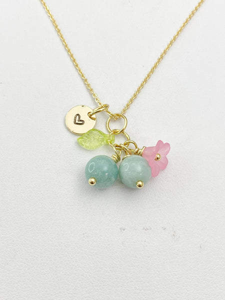 Gold Natural Jade Necklace, Green Jade Fruit Green Leaf Pink Flower Foodie Gemstone Jewelry, N5931