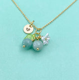 Gold Natural Jade Necklace, Green Jade Fruit Green Leaf White Flower Foodie Gemstone Jewelry, N5931A