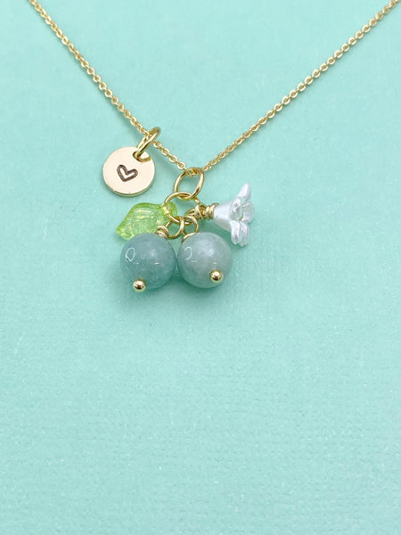 Gold Natural Jade Necklace, Green Jade Fruit Green Leaf White Flower Foodie Gemstone Jewelry, N5931A