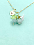 Gold Natural Jade Necklace, Green Jade Fruit Green Leaf White Flower Foodie Gemstone Jewelry, N5931A