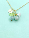 Gold Natural Jade Necklace, Green Jade Fruit Green Leaf White Flower Foodie Gemstone Jewelry, N5931A