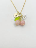 Gold Natural Pink Opal Necklace, Pink Fruit Green Leaf White Flower Foodie Gemstone Jewelry, N5932