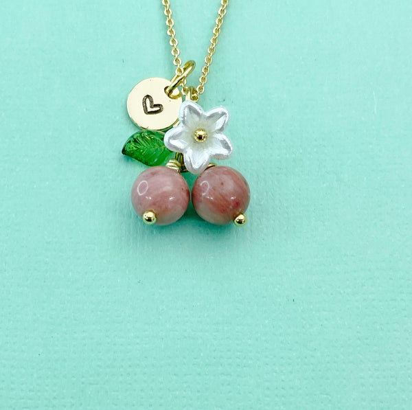 Gold Natural Rhodonite Necklace, Pink Fruit Green Leaf White Flower Foodie Gemstone Jewelry, N5934