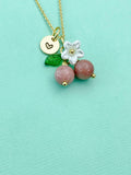 Gold Natural Rhodonite Necklace, Pink Fruit Green Leaf White Flower Foodie Gemstone Jewelry, N5934