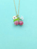 Gold Natural Quartz Necklace, Imitation Rhodochrosite Pink Fruit Green Leaf White Flower Foodie Gemstone Jewelry, N5935