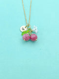Gold Natural Quartz Necklace, Imitation Rhodochrosite Pink Fruit Green Leaf White Flower Foodie Gemstone Jewelry, N5935