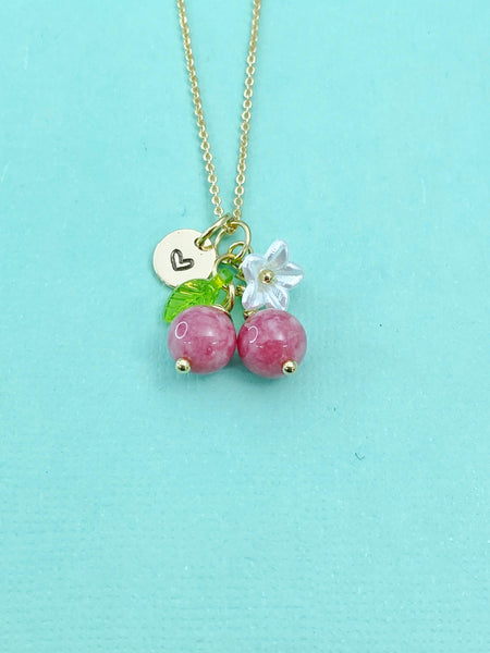 Gold Natural Quartz Necklace, Imitation Rhodochrosite Pink Fruit Green Leaf White Flower Foodie Gemstone Jewelry, N5935
