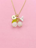 Gold Natural Rose Quartz Necklace, Pink Fruit Green Leaf White Flower Foodie Gemstone Jewelry, N5936