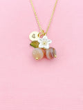 Gold Natural Sardonyx Necklace, Foodie Fruit Green Leaf White Flower, Gemstone Jewelry, N5937