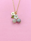 Gold Natural Pink Tourmaline Necklace, Foodie Fruit Green Leaf White Flower, Gemstone Jewelry, N5937