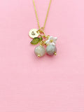 Gold Natural Pink Tourmaline Necklace, Foodie Fruit Green Leaf White Flower, Gemstone Jewelry, N5937