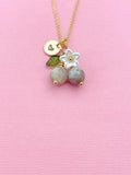 Gold Natural Pink Tourmaline Necklace, Foodie Fruit Green Leaf White Flower, Gemstone Jewelry, N5937