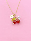 Gold Natural Carnelian Necklace, Foodie Fruit Green Leaf White Flower, Gemstone Jewelry, N5938